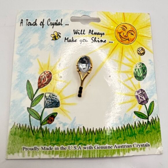 Gold Clear Genuine Austrian Crystal Tennis Brooch Pin - Picture 1 of 4